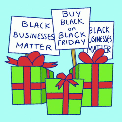 boxes with christmas gifts and signs that say buy black and white, but business black friday is not better