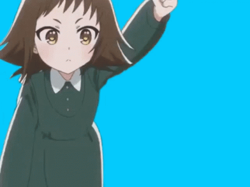 the anime character is pointing with her finger