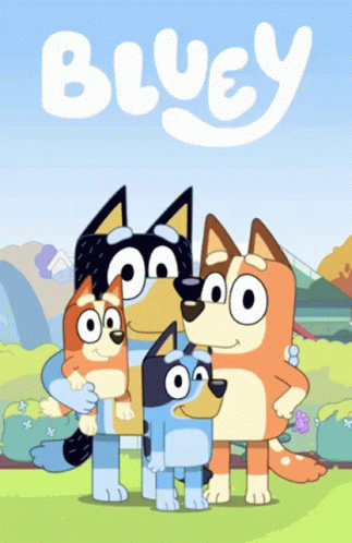 bluey with two dogs and one cat