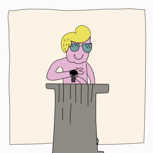 a cartoon with an image of a man behind a microphone