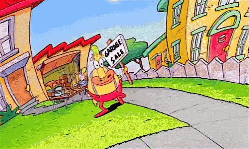 a cartoon character holds a sign while walking in front of a house