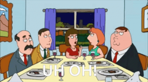 cartoon of man and women at a dinner table talking to one another