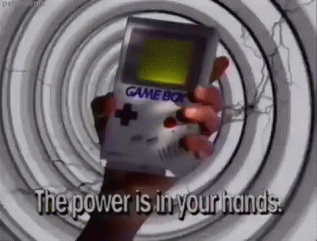 a cartoon character holding an old school gameboy in one hand and an emulator in the other