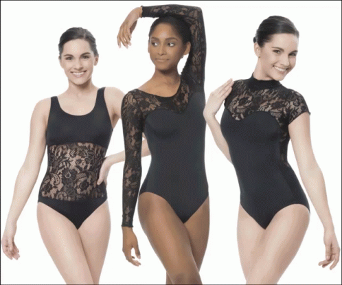 three women in bodysuits, wearing different poses