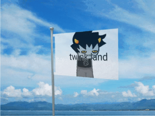 a white flag with two blue eyes and a banner saying wonderlandland