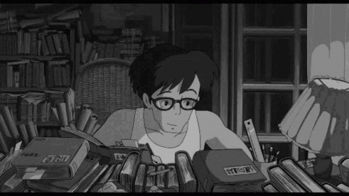 a cartoon scene of a girl sitting behind books, with many books piled up behind her