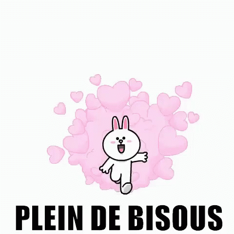 a cartoon bunny on a background with hearts and text in french