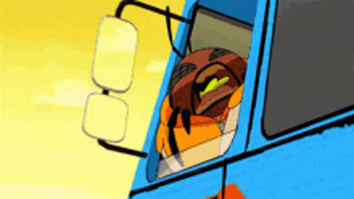 a cartoon blue bird is sitting in a yellow bus