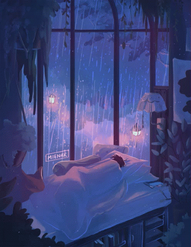 an artist painted this scene as a person laying in bed in the rain