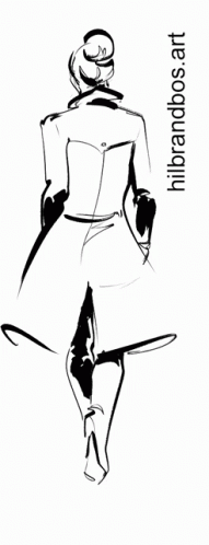 a black and white illustration of a woman walking