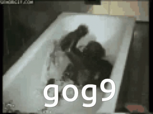 black and white image with the words go9 above an image of people in the bathroom