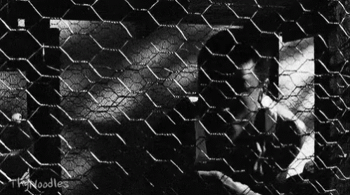 the silhouette of a man behind a chain link fence