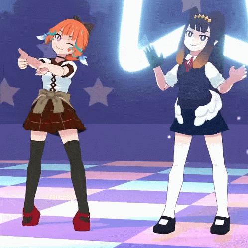 two animated girls in dresses and knee high boots