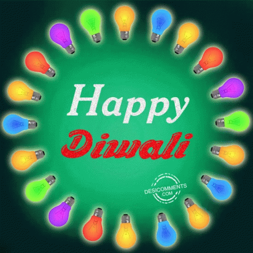 a happy diwali card in green surrounded by multicolored lights