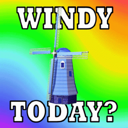 a cartoon windmill with the words windy today