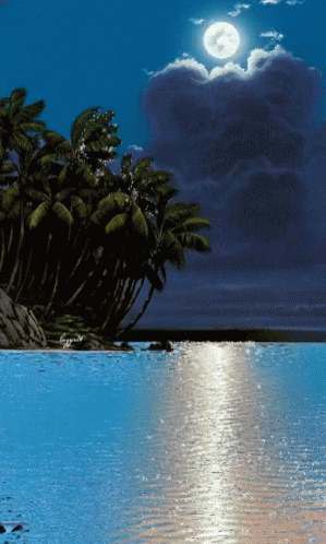 a palm tree sitting in a lake under a full moon
