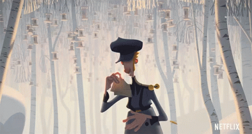 an animated female in the woods with her bag