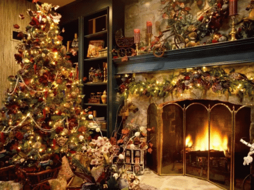 a fireplace is lit in a living room with christmas decorations