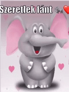 the happy smiling elephant is sitting next to hearts