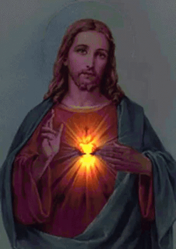 the jesus has glowing blue eyes and he is holding the light