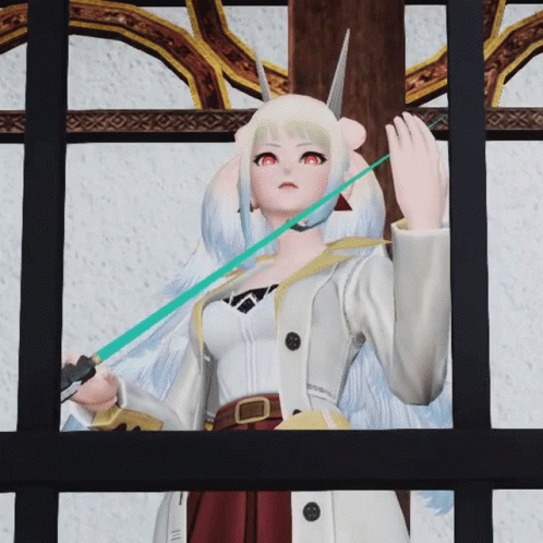 there is a woman that is holding a sword in front of a stained glass window