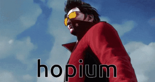 a person riding a skate board with the words hopium over it