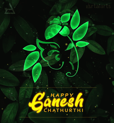 happy ganesh chaturtri with green leaves