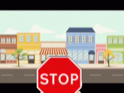 the animated stop sign is blue and it has two buildings in the background