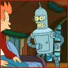the cartoon robot and man are talking together