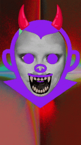 a purple and red demon face with horns and fangs