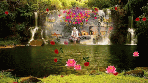 some flowers are near a beautiful waterfall that has a person in it