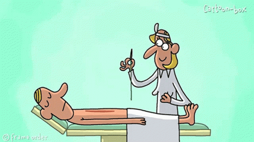a man in a doctor's uniform is having his doctor examined by a cartoon man