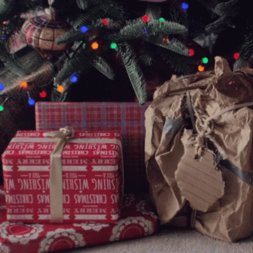 a presents wrapped in blue and some presents