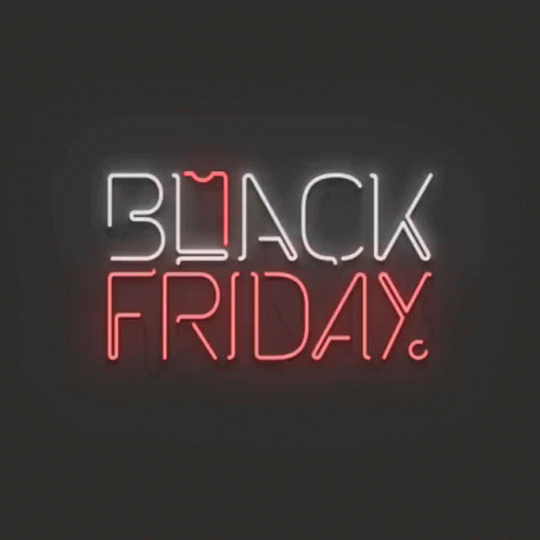 black friday with blue neon text over a black background