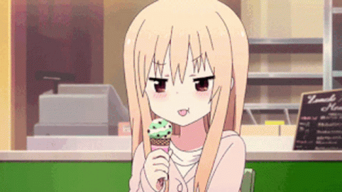 an anime picture of a girl sitting eating a donut