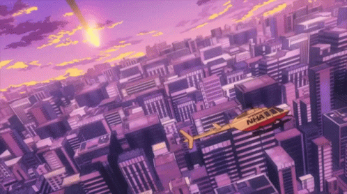 an airplane flying over some buildings in a futuristic city