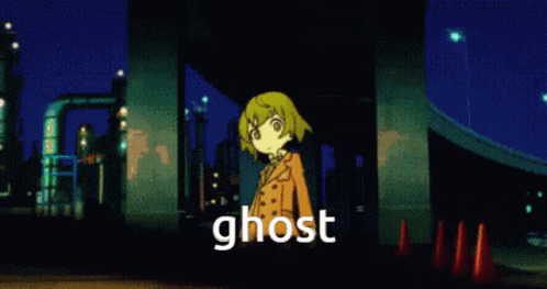 a cartoon girl stands in front of a ghost logo