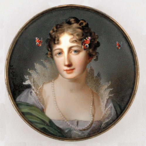 a portrait of a woman in pearled dress