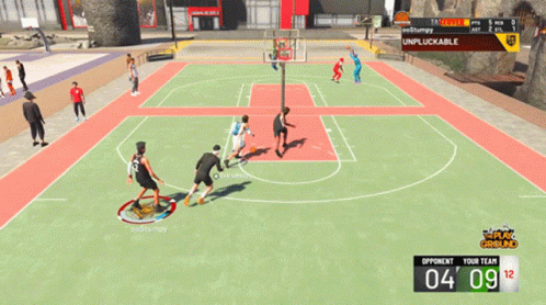 a video game screen showing several people playing basketball