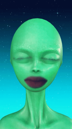 green alien with open mouth and purple lips