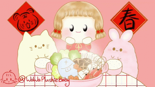 a painting with cute bunnies and a bowl of treats