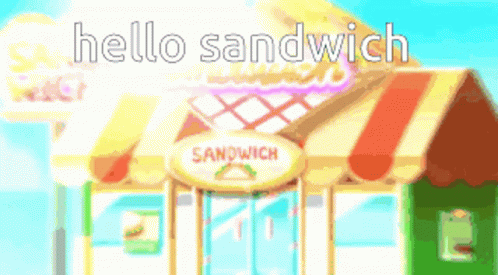 the building has a yellow background and has a hello sandwih sign on it
