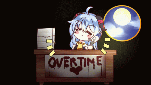 an anime character holding a box with the words overtime above it