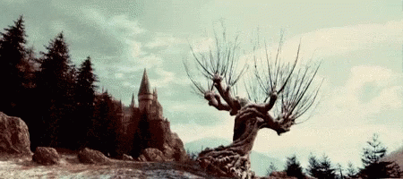 an old scene with a dead tree in front of a castle