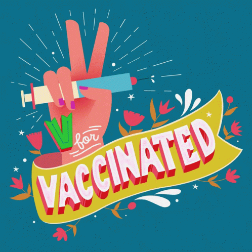 a blue ribbon that says vaccinated in a cartoon style