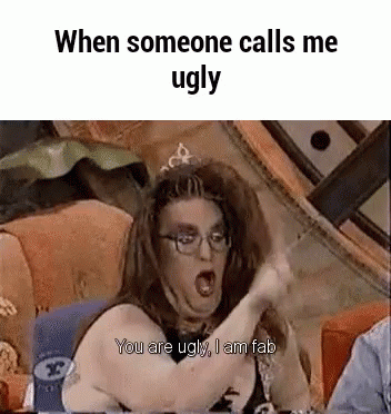 someone is giving an animated message and has the caption saying when someone calls me ugly you are just i am fab