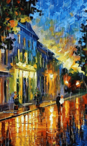 a painting of a person walking under an umbrella on a rainy night