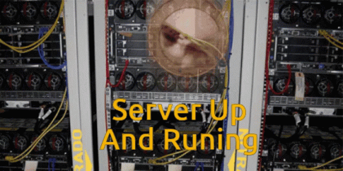 a picture of a server in blue and white with the words server up and running on the front of each box