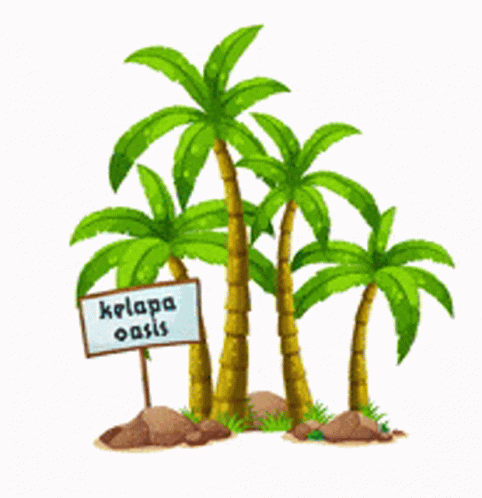 a drawing of a couple of palm trees holding a sign
