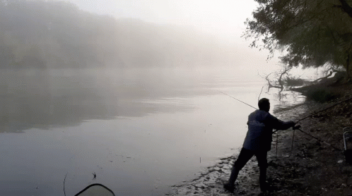 a man holding a fish near a lake